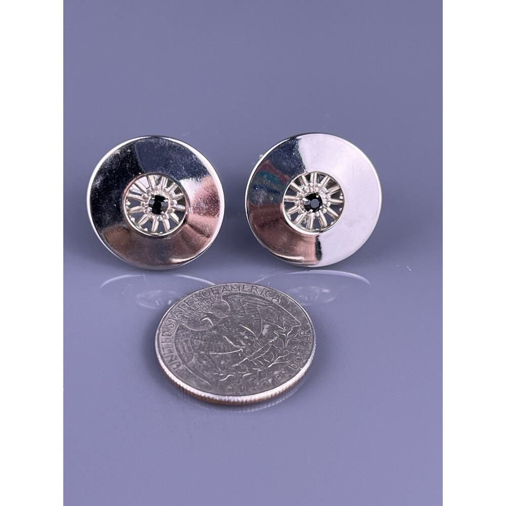 Round Black Glass Cufflinks Silver Tone Wheel Spokes Polished Finish Vintage - Picture 5 of 6